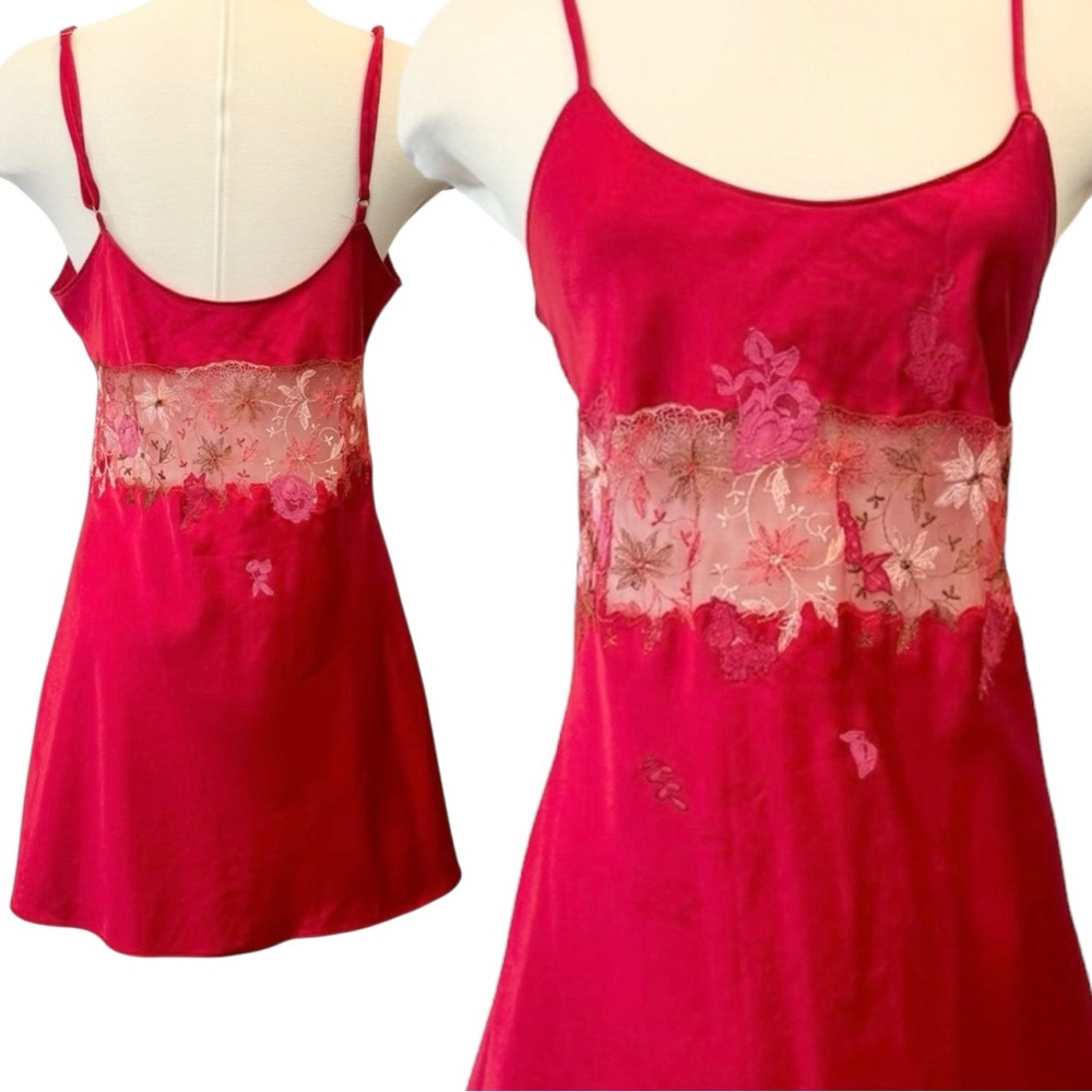 90s Victoria’s Secret Silky Satin Red Sheer Midriff Floral Embroidery Slip Dress